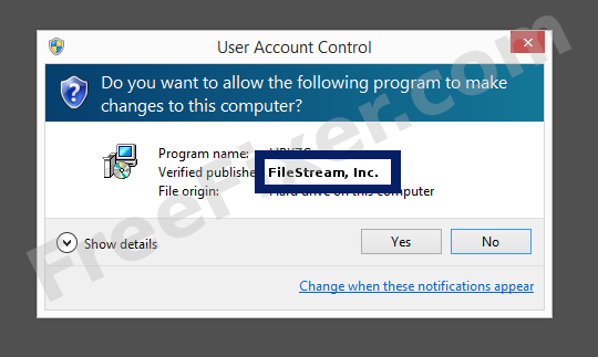 Screenshot where FileStream, Inc. appears as the verified publisher in the UAC dialog